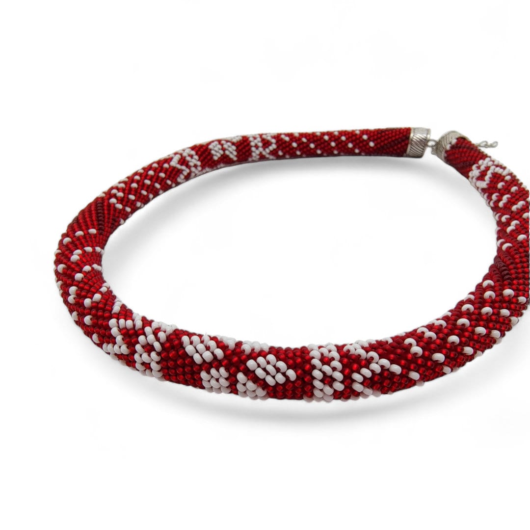 Häkelkette, Halskette, Collier aus Miniperlen Schlauchkette Schmuckkette festlicher Schmuck gehäkelte aus 3.750 Perlen rot weiß  #1756824201